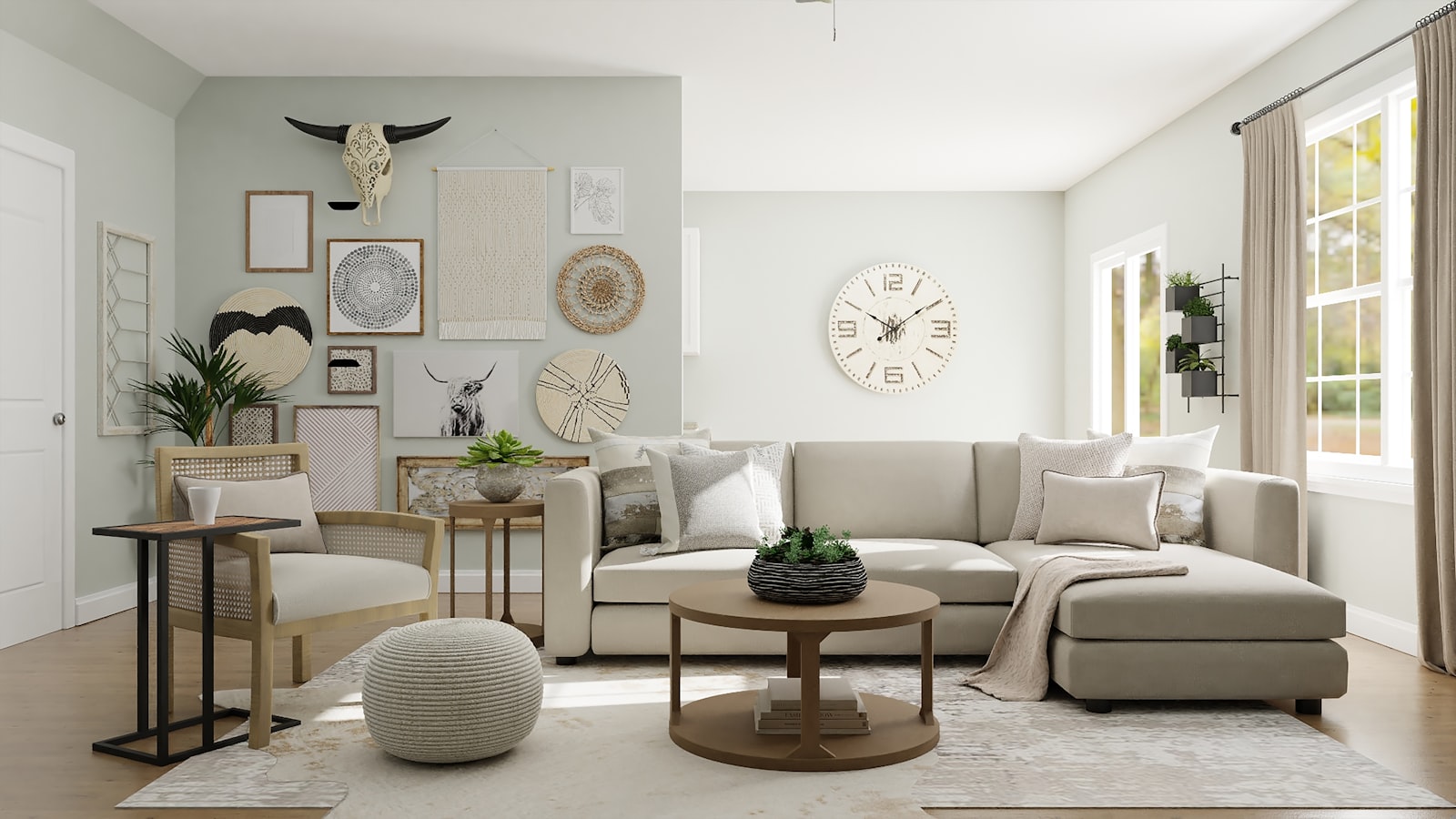 The same living room, virtually staged with a sofa, rug, plants and art